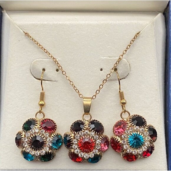 Unbranded Jewelry - Multicolor Crystal Necklace & Earring Set Rhinestone 18K Gold Plated Pendant 16"